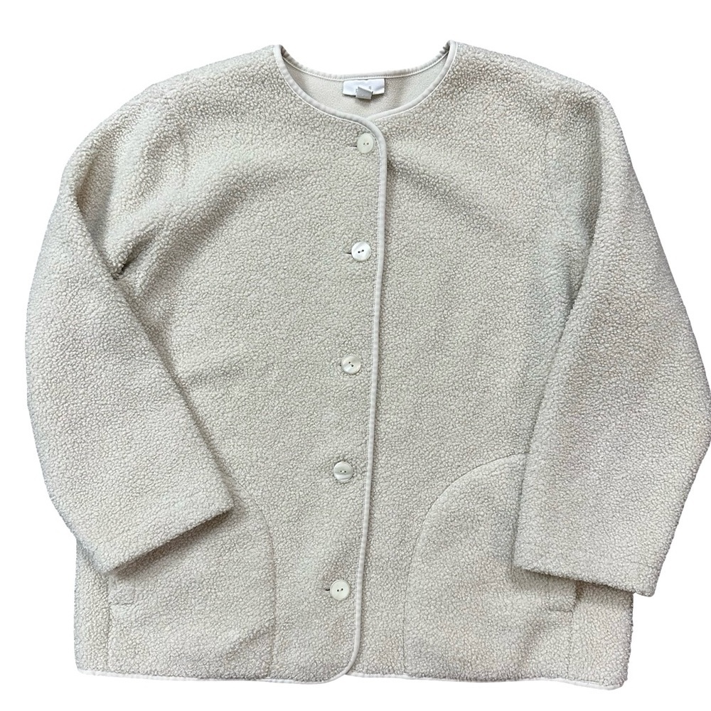 J. Jill Cream Sherpa Fleece Button Teddy Jacket Medium Oatmeal Collarless